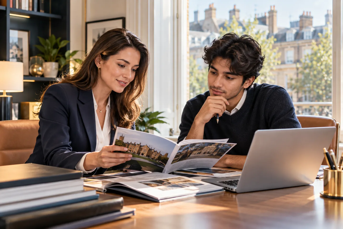 A Devayan Global counselor reviewing UK university options with a student in a London office