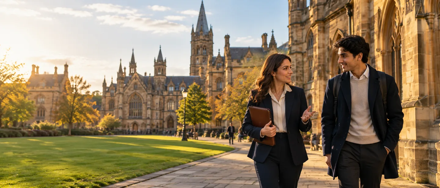 A Devayan Global counselor walking with a student on a historic UK university campus